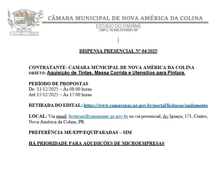 DISPENSA DE LICITAÇÃO 04/2025 - AQUISIÇÃO DE TINTAS, MASSA CORRIDA E UTENSILIOS DE PINTURA