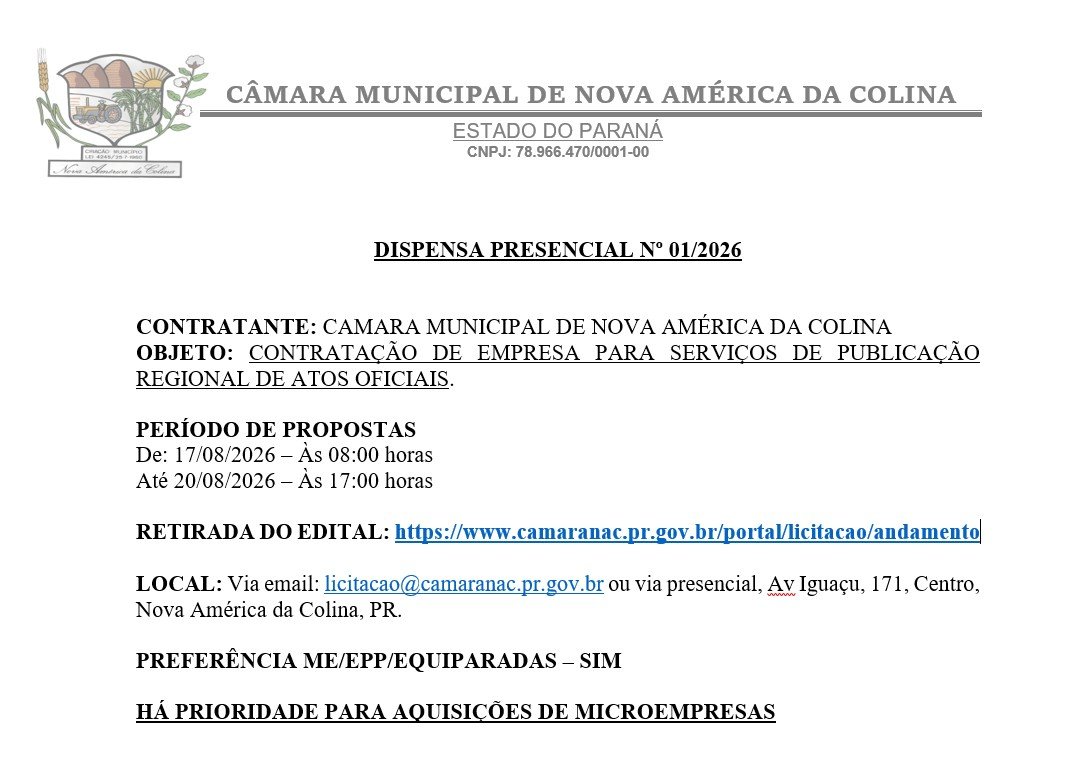 DISPENSA DE LICITAÇÃO 01/2026 - CONTRATAÇÃO DE EMPRESA PARA SERVIÇOS DE PUBLICAÇÃO REGIONAL DE ATOS OFICIAIS