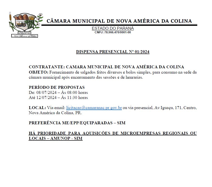 Aviso de Dispensa de Licitação Presencial - 01/2024 - Aquisição de Mini Salgados fritos diversos e Bolos Simples