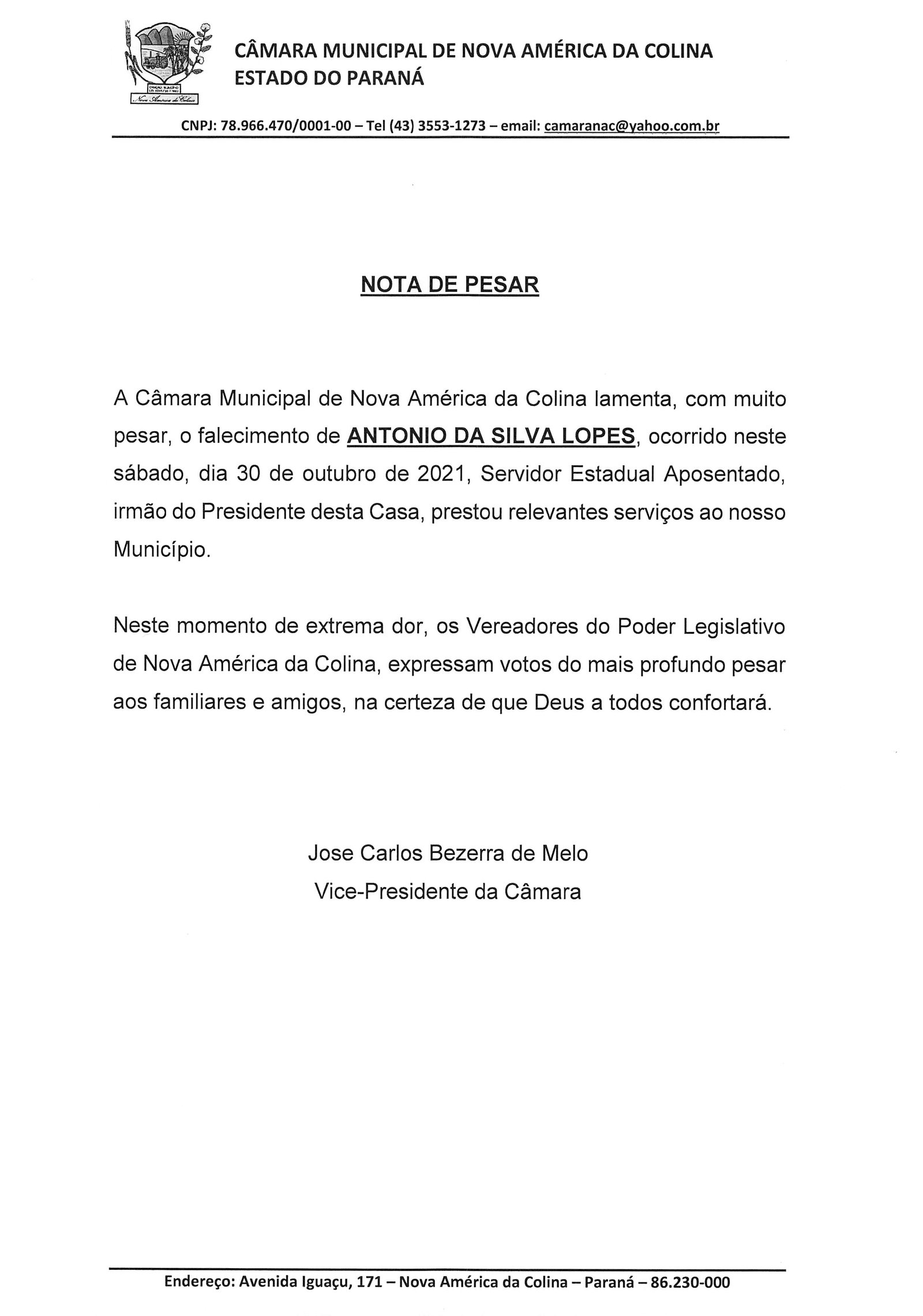 NOTA DE PESAR ANTONIO DA SILVA LOPES
